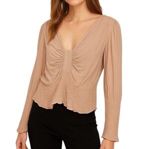 Sheri Bodell 100% Silk Blouse Nude Smocked Boho Ruched Fairy Long Sleeve Sz S